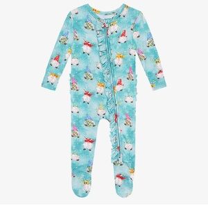 Posh Peanut Gnome Print Holiday Festive Bamboo Teal Unisex Ruffle Footie 0-3